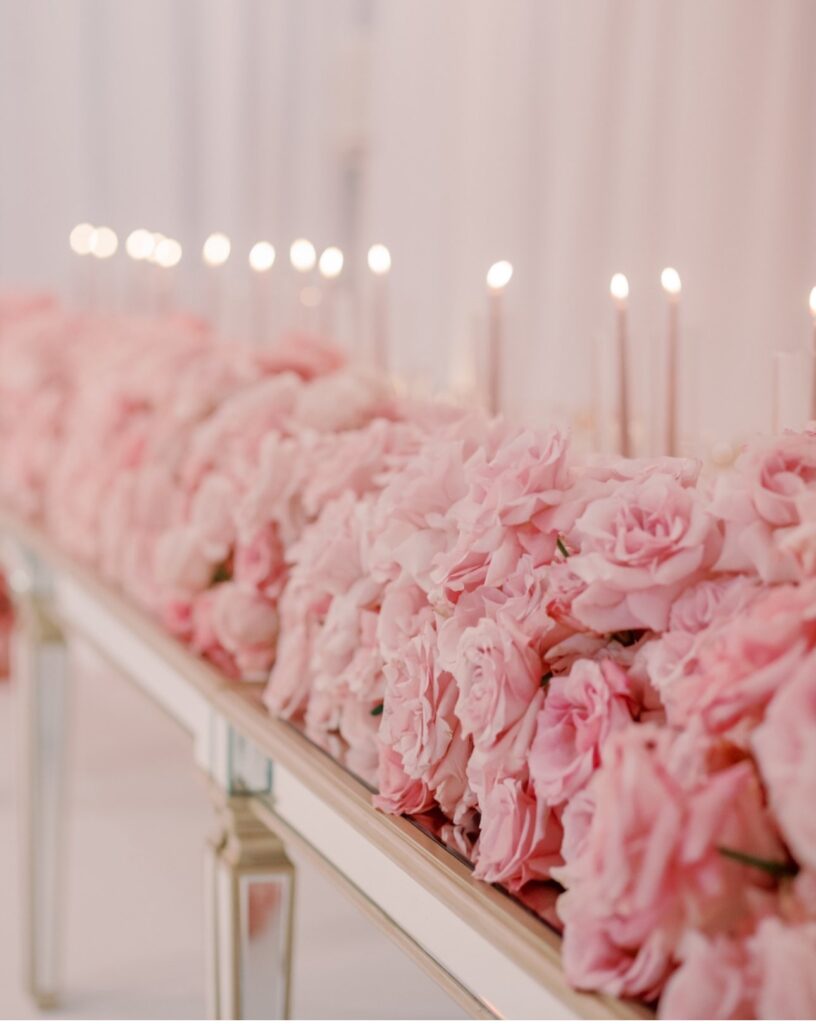 Pink rose table runner with candles by Fems Events