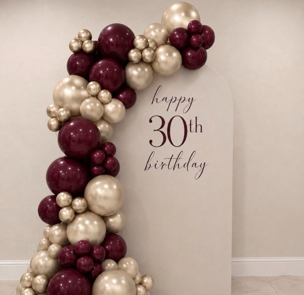 Happy 30th birthday burgundy and gold balloon arch by Fems Events